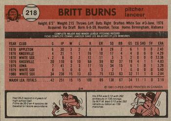 1981 O-Pee-Chee - Gray Back #218 Britt Burns Back