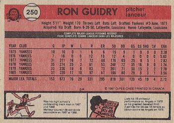 1981 O-Pee-Chee - Gray Back #250 Ron Guidry Back