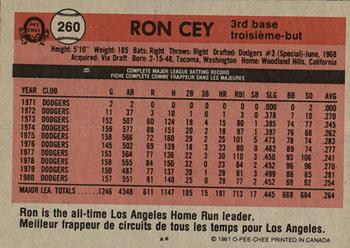 1981 O-Pee-Chee - Gray Back #260 Ron Cey Back
