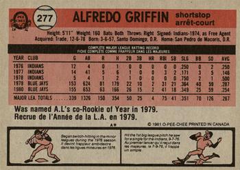 1981 O-Pee-Chee - Gray Back #277 Alfredo Griffin Back