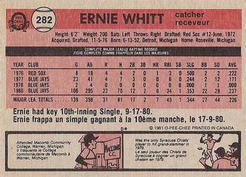 1981 O-Pee-Chee - Gray Back #282 Ernie Whitt Back