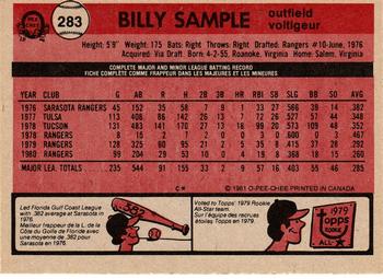 1981 O-Pee-Chee - Gray Back #283 Billy Sample Back