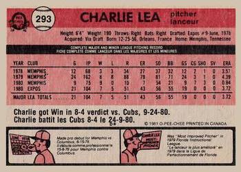 1981 O-Pee-Chee - Gray Back #293 Charlie Lea Back