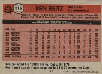 1981 O-Pee-Chee - Gray Back #316 Ken Reitz Back