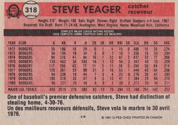 1981 O-Pee-Chee - Gray Back #318 Steve Yeager Back