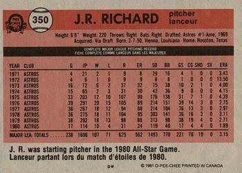 1981 O-Pee-Chee - Gray Back #350 J.R. Richard Back
