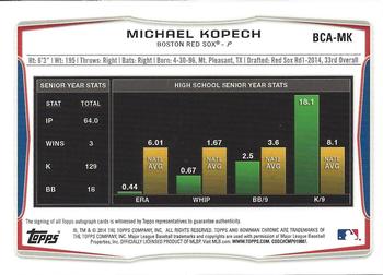 2014 Bowman Draft - Chrome Draft Pick Autographs #BCA-MK Michael Kopech Back