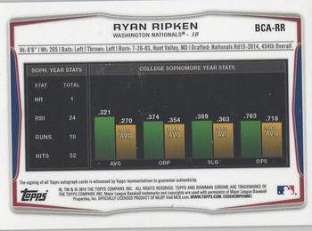 2014 Bowman Draft - Chrome Draft Pick Autographs Refractors #BCA-RR Ryan Ripken Back
