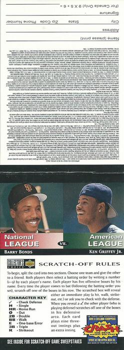 1994 Collector's Choice - You Crash the Deck Game Pieces (Team vs. Team) #NNO Barry Bonds / Ken Griffey Jr.    Front