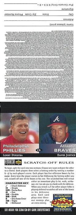 1994 Collector's Choice - You Crash the Deck Game Pieces (Team vs. Team) #NNO Lenny Dykstra / David Justice Front