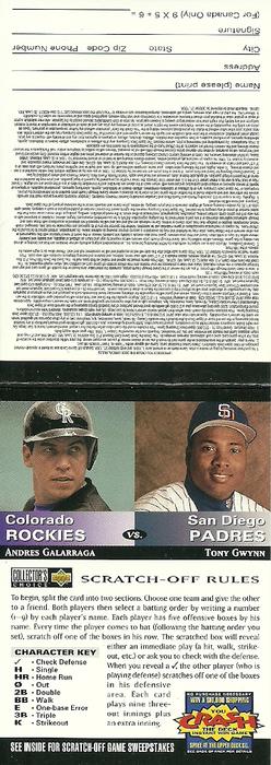 1994 Collector's Choice - You Crash the Deck Game Pieces (Team vs. Team) #NNO Andres Galarraga / Tony Gwynn   Front