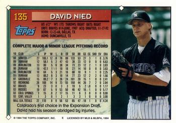 1994 Topps - Gold #135 David Nied Back