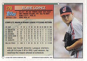 1994 Topps - Gold #178 Albie Lopez Back