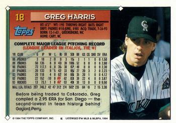 1994 Topps - Gold #18 Greg Harris Back