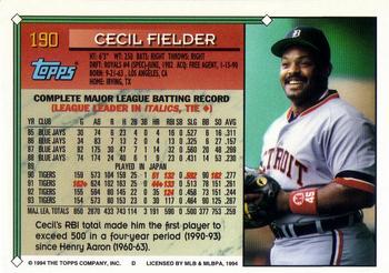 1994 Topps - Gold #190 Cecil Fielder Back