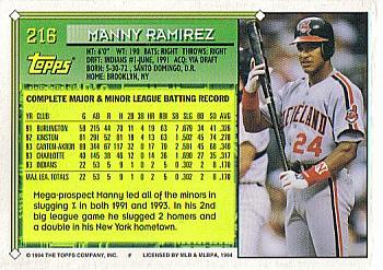 1994 Topps - Gold #216 Manny Ramirez Back