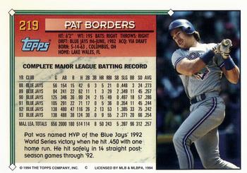 1994 Topps Gold PAT BORDERS Baseball Card 219 Toronto Blue Jays