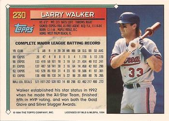 1994 Topps - Gold #230 Larry Walker Back