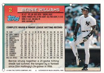 1994 Topps - Gold #2 Bernie Williams Back