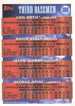 1994 Topps - Gold #369 3B Prospects (Luis Ortiz / David Bell / Jason Giambi / George Arias) Back