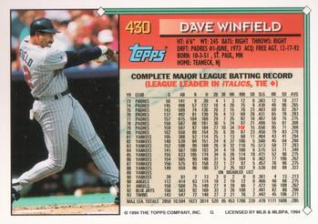 1994 Topps - Gold #430 Dave Winfield Back