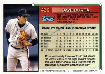 1994 Topps - Gold #433 Dave Burba Back