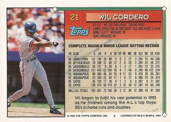 1994 Topps - Gold #21 Wil Cordero Back