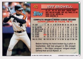 1994 Topps - Gold #40 Jeff Bagwell Back