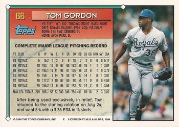 1994 Topps - Gold #66 Tom Gordon Back