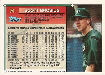 1994 Topps - Gold #74 Scott Brosius Back