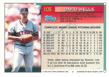1994 Topps - Gold #105 David Wells Back