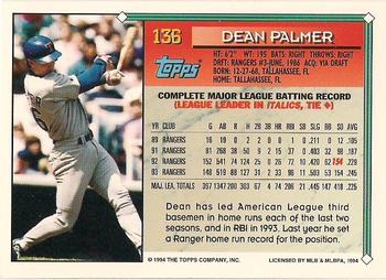 1994 Topps - Gold #136 Dean Palmer Back