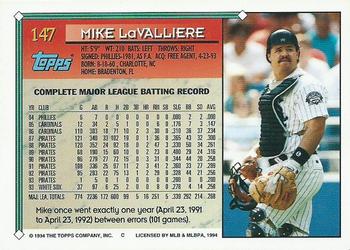 1994 Topps - Gold #147 Mike LaValliere Back