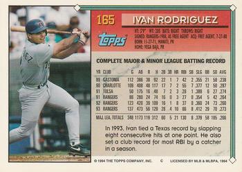1994 Topps - Gold #165 Ivan Rodriguez Back