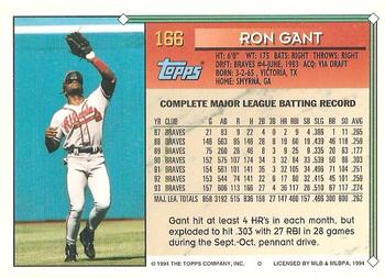 1994 Topps - Gold #166 Ron Gant Back