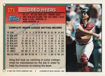 1994 Topps - Gold #171 Greg Myers Back