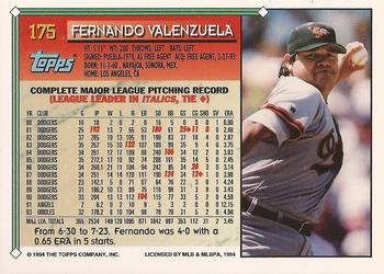 1994 Topps - Gold #175 Fernando Valenzuela Back