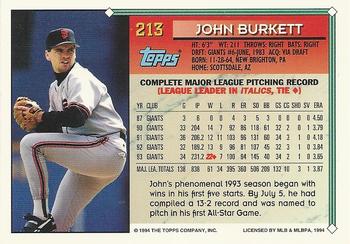 1994 Topps - Gold #213 John Burkett Back