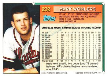 1994 Topps - Gold #232 Mark Wohlers Back