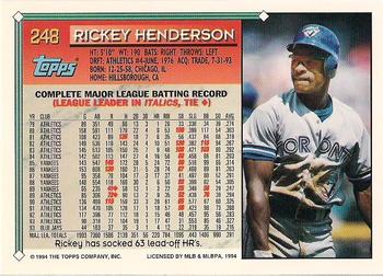 1994 Topps - Gold #248 Rickey Henderson Back