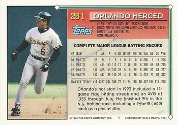 1994 Topps - Gold #281 Orlando Merced Back