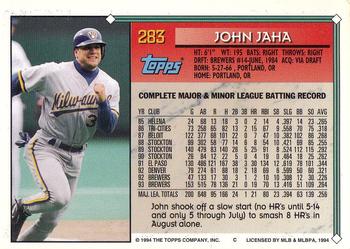 1994 Topps - Gold #283 John Jaha Back