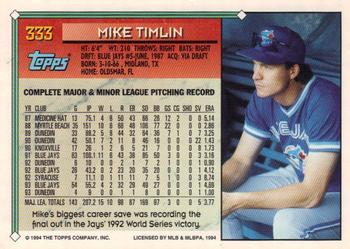 1994 Topps - Gold #333 Mike Timlin Back