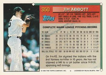 1994 Topps - Gold #350 Jim Abbott Back