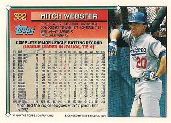 1994 Topps - Gold #382 Mitch Webster Back