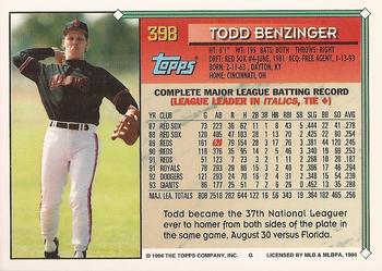 1994 Topps - Gold #398 Todd Benzinger Back