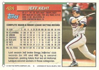 1994 Topps - Gold #424 Jeff Kent Back