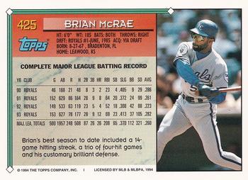 1994 Topps - Gold #425 Brian McRae Back