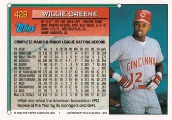 1994 Topps - Gold #428 Willie Greene Back