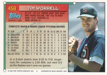 1994 Topps - Gold #458 Tim Worrell Back